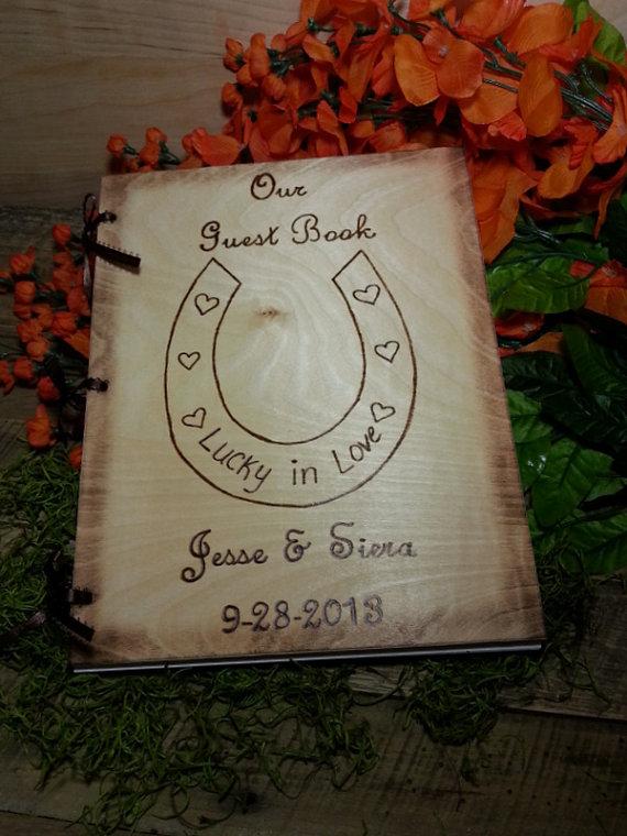 Wedding - Wedding Guest Book Rustic Chic Wedding Guest Book or Words of Wisdom Book Personalized with Horse Shoe