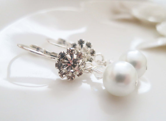 Mariage - Bridal Drop Earrings Rhinestone Pearl Dangle Earrings Wedding Crystal Earrings Bridal Jewelry Wedding Jewellery