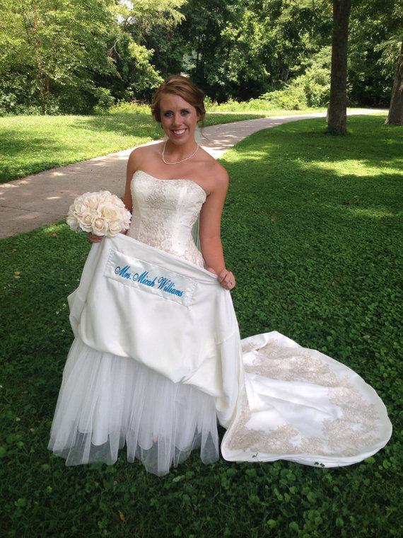 Hochzeit - Satin wedding dress label  Something Blue on your Wedding Day  Mrs. Grooms name sash