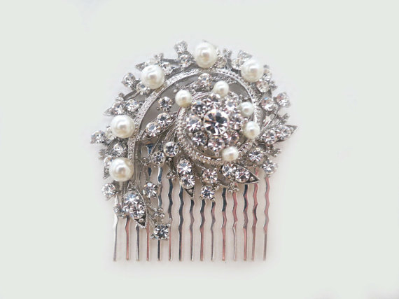 Mariage - Art Deco Bridal Hair Comb, Vintage Inspired Wedding Hair Comb Pearl Rhinestone, Wedding Hair Accessories, Bridal Comb Crystal
