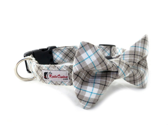 زفاف - Grey, Black and Teal Tartan Dog Collar (Gray Plaid Dog Collar Only - Matching Bow Tie Sold Separately)