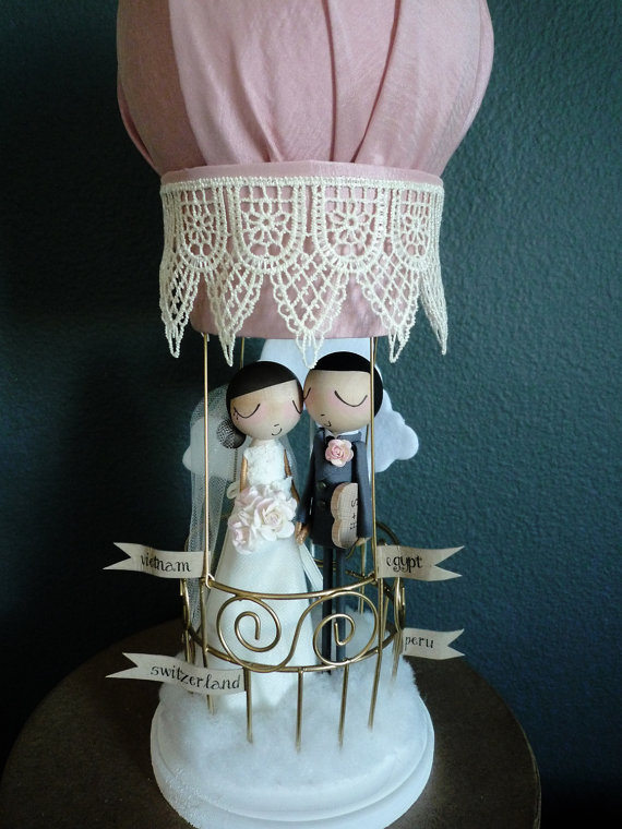 Mariage - Wedding Cake Topper with Custom Wedding Dress with Hot Air Balloon by MilkTea