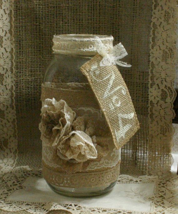 زفاف - Burlap Wedding FLOWER Vase, ViNTAGE LACE Candle Holder, FALL WEDDiNG, Rustic, Shabby Chic, Country Chic