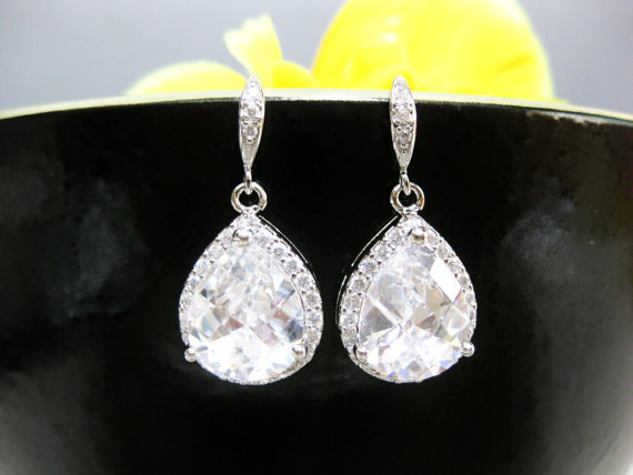زفاف - Large Lux Cubic Zirconia Earrings Clear White Crystal Teardrop Earrings Bridal Earrings Wedding Jewelry Bridesmaid Gift (E048)