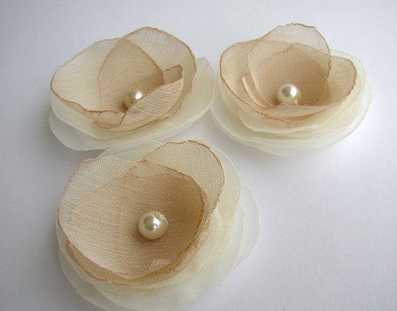 زفاف - Set of 3 Hair Flower - Wedding Hair Piece - Ivory Champagne Hair Accessory - Bridesmaids - Flower Girl - Nude Hair Pins - Bridal Hairpiece