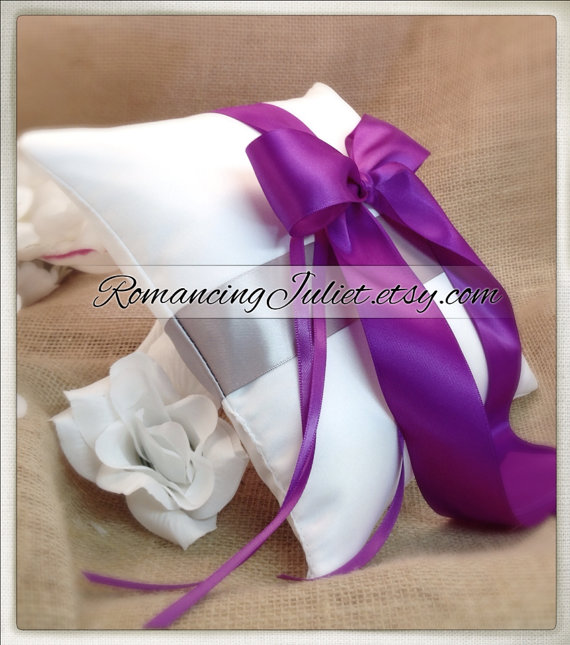 Mariage - Romantic Dual Color Satin Ring Bearer Pillow...You Choose the Colors...Buy One Get One Half Off..shown in white/royal purple/silver gray 