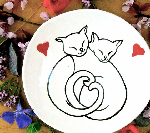 زفاف - Cat Friendship Love Ring Bowl, Dish - Best Kitty Friends, Lovers, Red Hearts, BFF Trinket Jewelry, Original Drawing Pet Food Shallow Plate