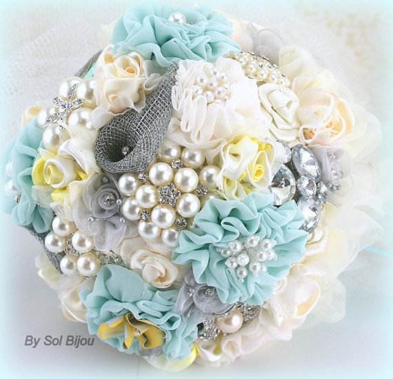 Hochzeit - Brooch Bouquet, Wedding, Ivory, Cream, Seafoam, Aqua Blue, Yellow and Silver, Lace, Crystal, Pearls, Destination Wedding, Vintage Wedding