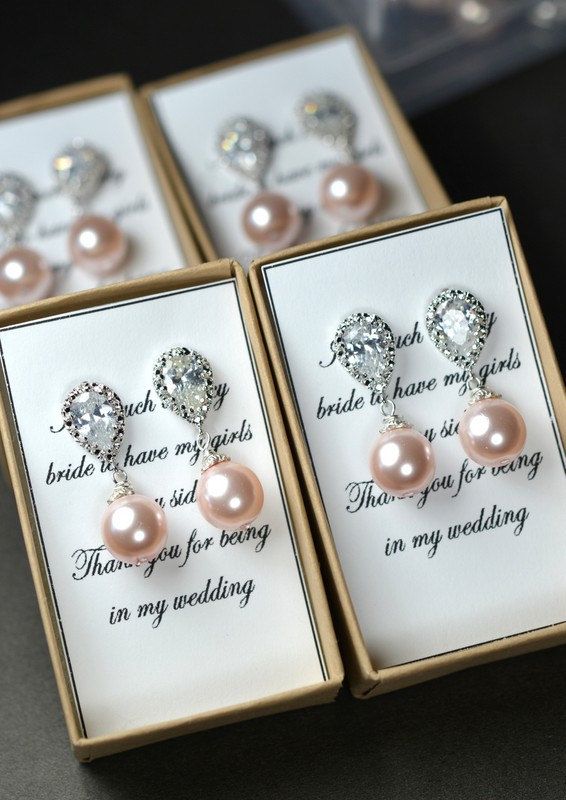 Wedding - Pearl Bridal Earrings Soft Pink Blush Pearl Earrings Cubic Zirconia Sterling Silver Post Wedding Jewelry Bridesmaid Gift Pastel Rose Jewelr
