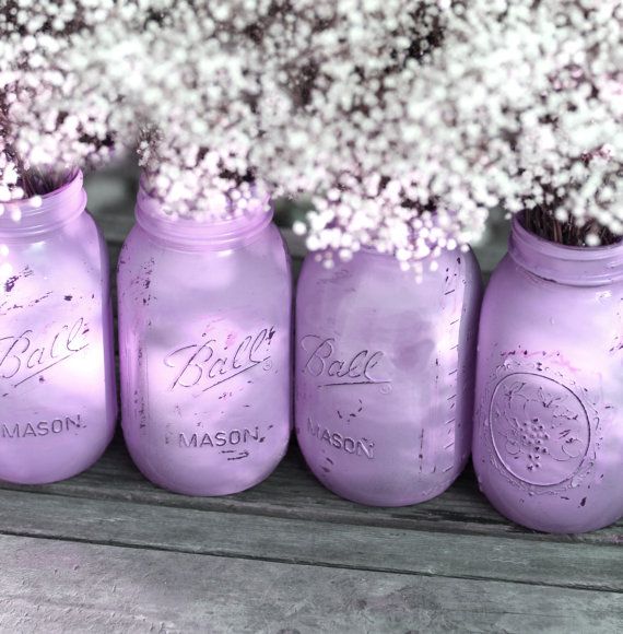 Hochzeit - Lilac Weddings / Distressed Mason Jars / Painted Glass Jar Wedding Decoration / Lavender Wedding Centerpiece For Shabby Chic Weddings