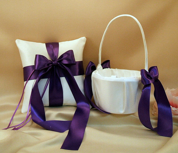 Hochzeit - Custom Colors Flower Girl Basket and Romantic Satin Ring Bearer Pillow Combo...You Choose the Colors....shown in white/royal purple