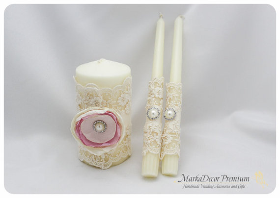 Hochzeit - Set of 3 Wedding Unity Candle Set Bridal Ceremony Centerpiece Candles Table Decorations in Ivory and Pink