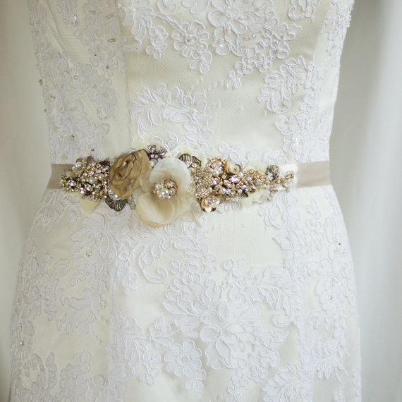 Hochzeit - Bridal belt bridal sash Rustic belt sash Gold belt Floral Champagne wedding dress belt sash Brass Oatmeal Narrow Vintage antiqued woodland