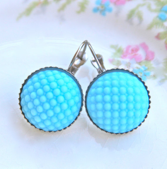 Свадьба - Aqua Blue Hobnail Glass Round Drop Earrings  - Quilted,Textured,Vintage,Lever Back,Silver,Round, Glass - Wedding, Bridesmaid,Bridal,Beach
