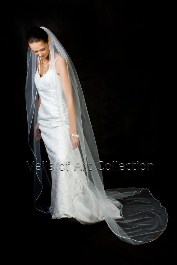 Hochzeit - Designer Bridal Chapel 1 Tier Veil with 1/8" Satin Cord Trim Style VE185