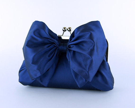 Hochzeit - Bridesmaid Clutch, Silk Bow Clutch in Navy, wedding clutch, wedding bag,  luxury bridesmaid gift
