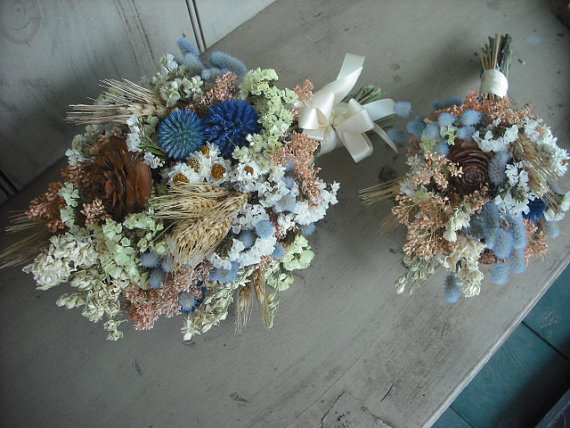 Wedding - Fall Dried flower bride's bouquet with Wheat and Cedar Roses.