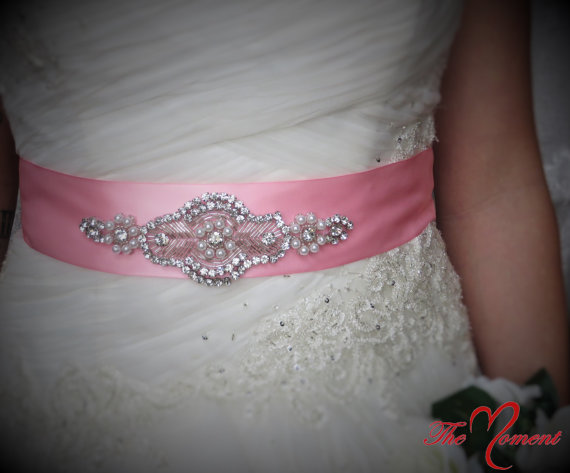 زفاف - Pink Satin Sash with Crystal Beading, Aqua Wedding sash, Aqua waist sash, Aqua Dress sash, Customize bridal sash, customize dress sash