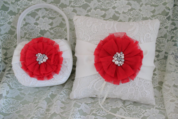 زفاف - Ivory and Lace Ring Bearer Pillow and Flower Girl Basket with Chiffon Flower in Red and Pearls and Rhinestones