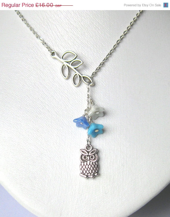 زفاف - 50% OFF Owl necklace with bluebell flowers - owl lariat necklace - Owl jewelry - Spring Wedding - Bridesmaids gift