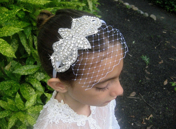 Wedding - Rhinestone Wedding Headband .. Rhinestone Flower Girl Headband ..  Bridesmaid Hair Accessory .. Birdcage Veil .. Bridal Rhinestone Headband