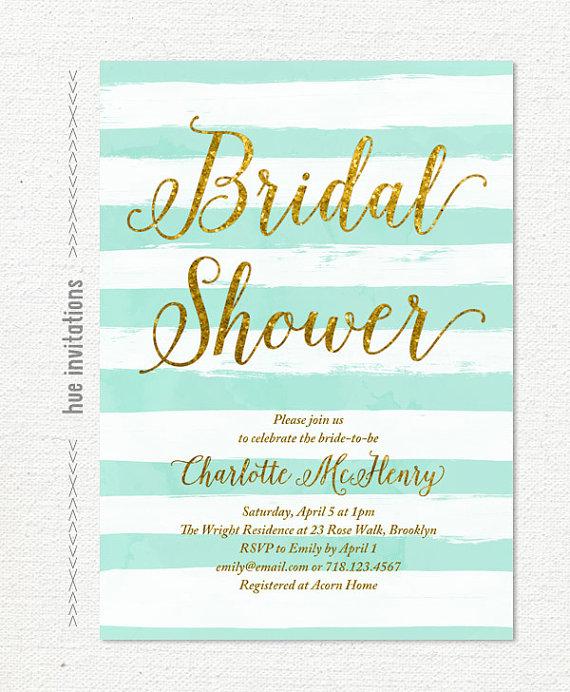 Wedding - turquoise blue bridal shower invitation, stripes gold glitter bridal shower invite, modern digital 5x7 shower invitation 116