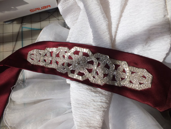 زفاف - Bridal Sash  Hair Accessory Silver Beaded Art Deco Trim on Satin 3" Sash Wedding Belt