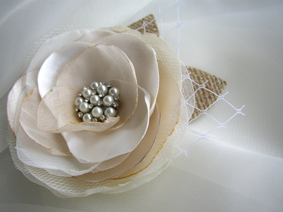 Hochzeit - Rustic Wedding Hair Flower - Burlap Hairpiece - Ivory Champagne Hair Piece - Pearls Rhinestones Fascinator - Bridal Headpiece - Flower Clip