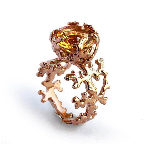 زفاف - CORAL Citrine Engagement Ring, Rose Gold Citrine Ring, Unique Rose Gold Ring, Large Yellow Citrine Ring, Statement Ring