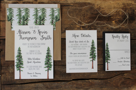 Wedding - Rustic Tree Wedding Invitation, Woodland Invitation Set, Redwood Forest Wedding Suite Wrapped in Twine, Recycled Invite