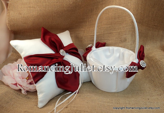 Hochzeit - Knottie Style Flower Girl Basket and Ring Bearer Pillow Set with Rhinestone Accent...You Choose The Colors..shown in white/scarlett red