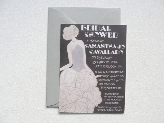 زفاف - Bridal Shower Party Invitations / 5 x 7 / "Gray Lady" Vintage Vogue Art Deco Lady White dress / Wedding / Light & Dark Gray / with Envelopes