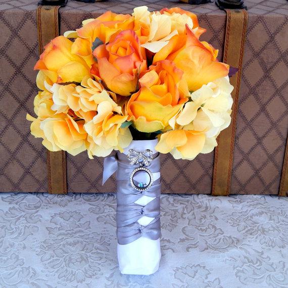 Свадьба - Real Touch Bouquet Rose Bridal Bouquet Groom's Boutonniere Wedding Accessory Grey Satin Ribbon- Customized To Your Colors