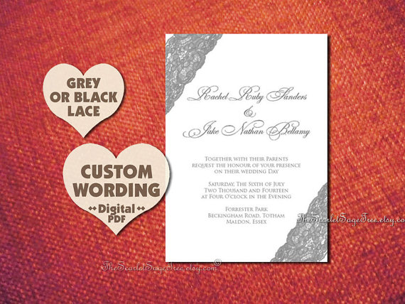 Свадьба - PRINTABLE BLACK GREY Lace Invitation Custom Design Diy Wedding Anniversary Engagement Party Bridal Shower Suite Template Pdf Modern Vintage
