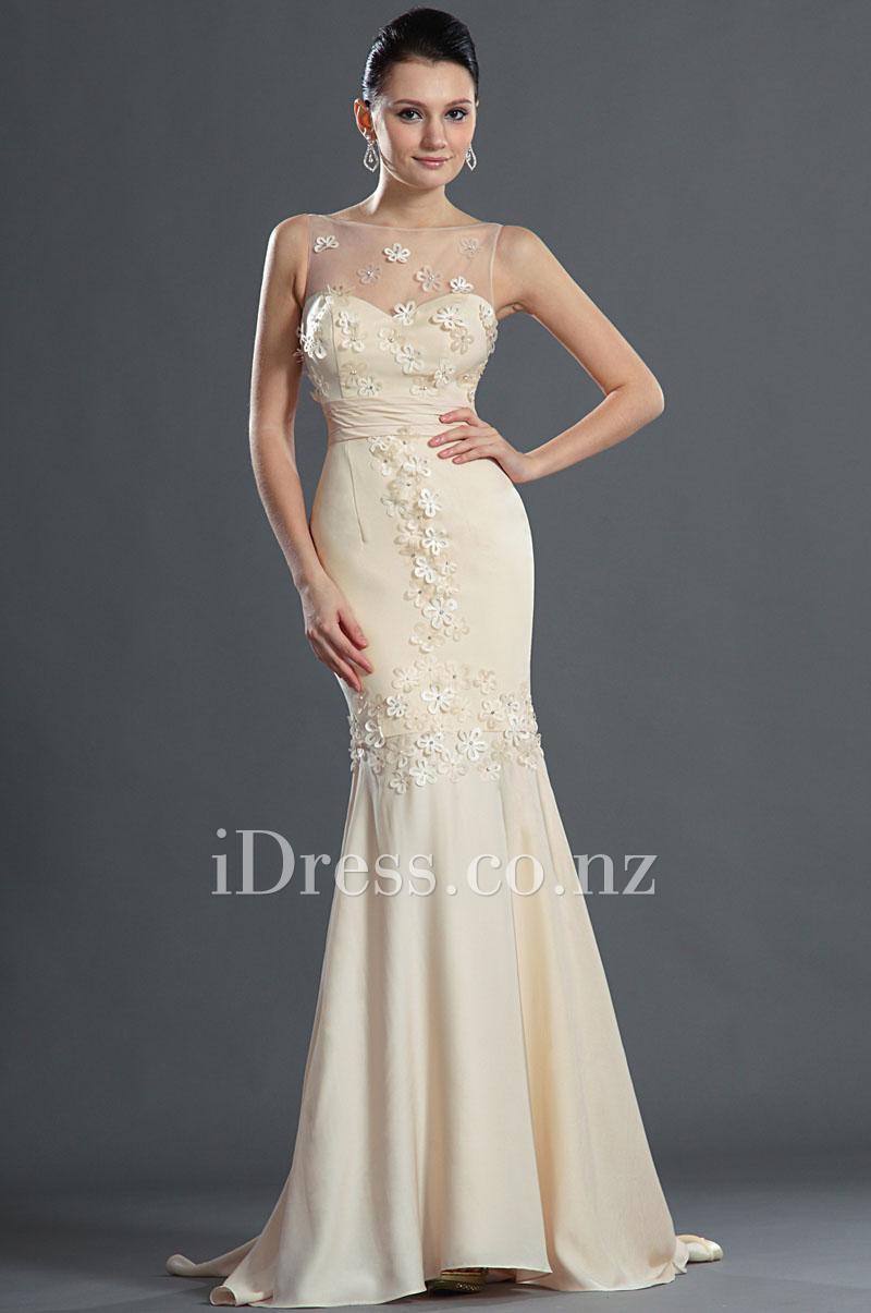 Wedding - Illusion Neck Cream Flower Lace Appliqued Mermaid Chiffon Evening Dress