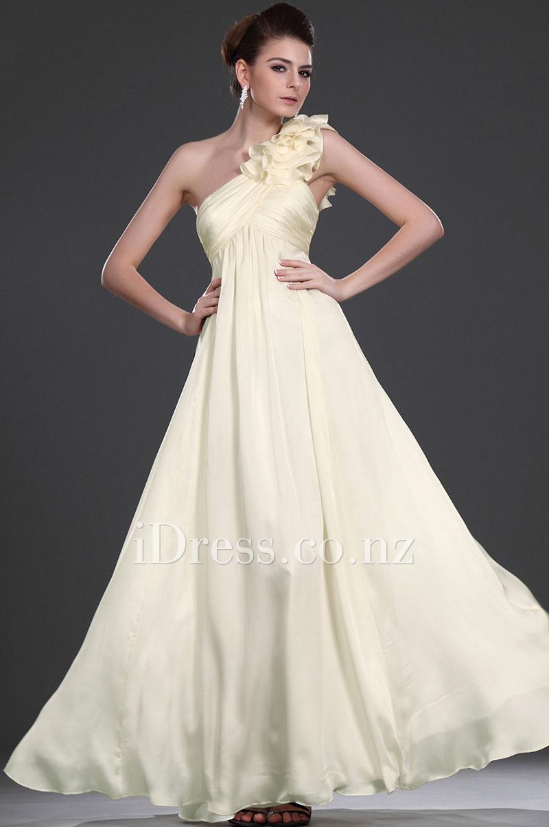 Hochzeit - Daffodil Chiffon Empire Waist Flower One Shoulder Chiffon Prom Dress