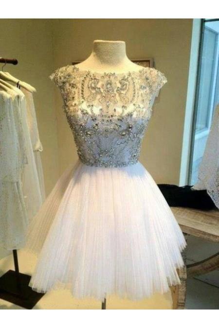 زفاف - A-line White Tulle Jewel Cocktail Dress