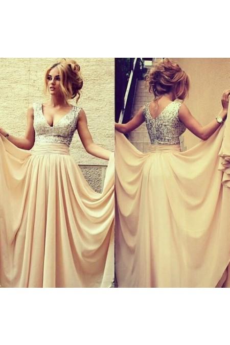 زفاف - A-line V-neck Floor-length Chiffon Pink Prom Dress