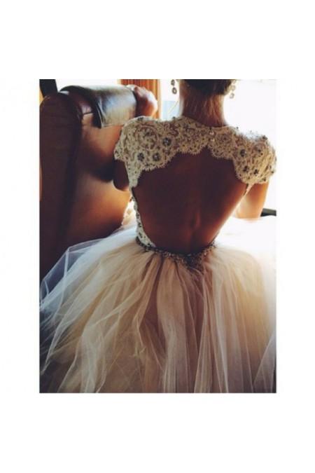 Mariage - Tulle Scoop Natural Champagne Wedding Dresses