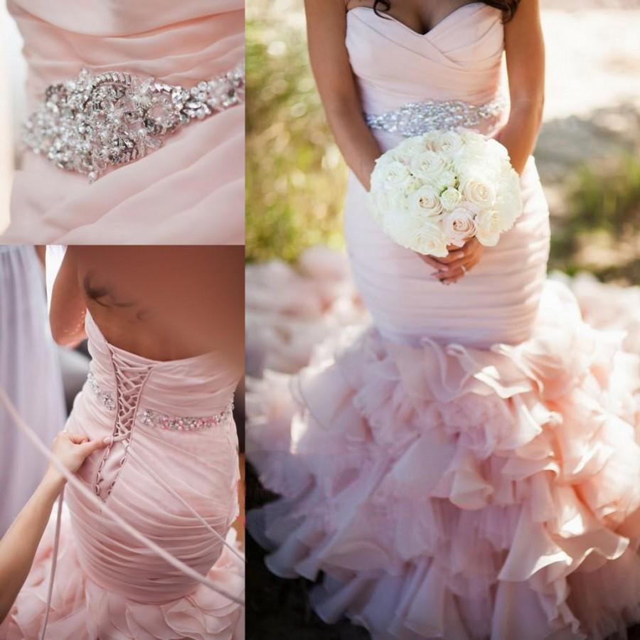 Свадьба - 2015 Brush Pink Sweetheart Mermaid Wedding Dresses Ruffles Organza Sweep Train Lace Up Church Wedding Dress Online with $130.81/Piece on Hjklp88's Store 