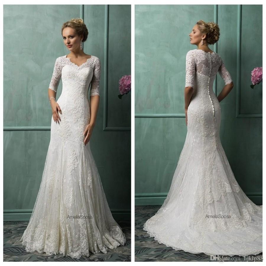 Mariage - Gemma Lace 2015 Mermaid Wedding Dresses V Neck Ivory Sweep Train 1/2 Sleeve Covered Button Wedding Gown Amelia Sposa Online with $137.96/Piece on Hjklp88's Store 