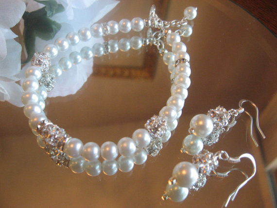 Hochzeit - Swarovski Rhinestone and Pearl Silver Bracelet and Earring Set - Bride or Bridesmaid Pearl Jewelry Set