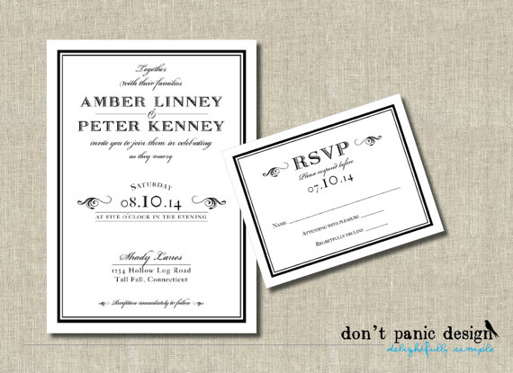 Wedding - Printable Wedding Invitation, Classic, Formal, Elegant Black and White -  RSVP - Custom Colors