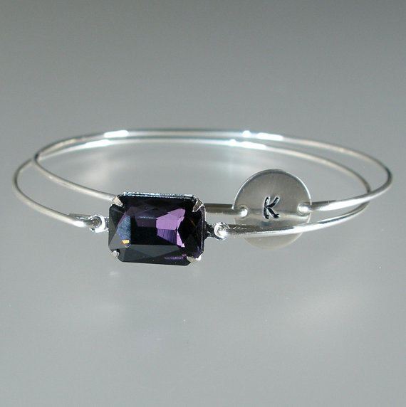 زفاف - Amethyst Purple Octagonal Glass and Personalized Bangle Bracelet Set, Silver Bracelet, Personalized Jewelry, Bridesmaid Jewelry (S263S.)
