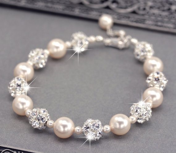 Mariage - Pearl Wedding Bracelet, Swarovski Pearl and Rhinestone Bridal Bracelet, Wedding Jewelry for the Bride, White or Ivory Pearls
