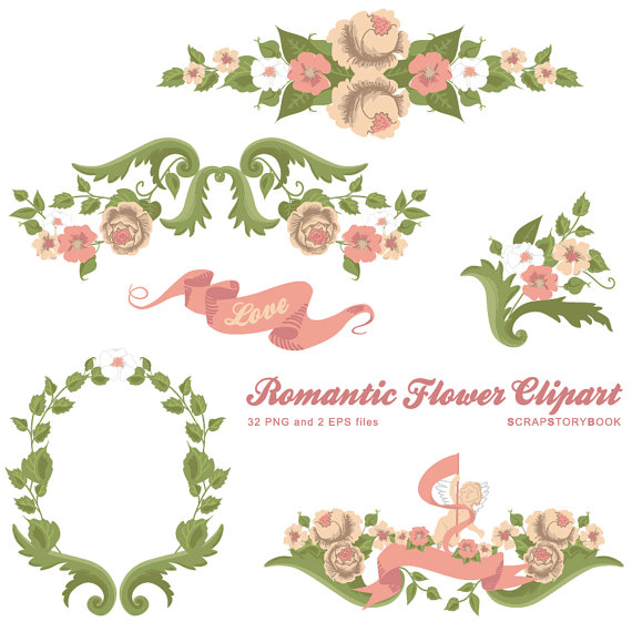 Wedding - Romantic Flower Clipart  - Wreath, Banners, Bouquets - 300 dpi, Eps, Png files
