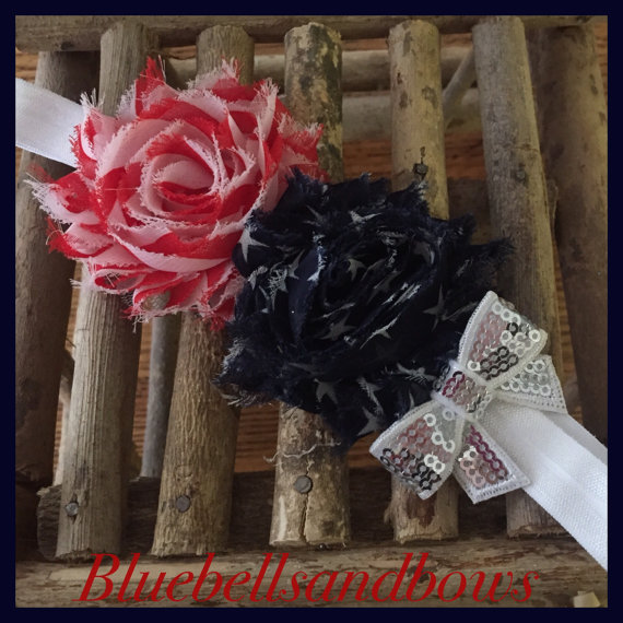 Wedding - Fourth of July/Patriotic Double Shabby Flower Headband with Sequin Bow-Shabby Chic -  You ChooseColors