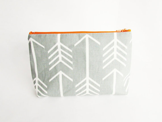 Wedding - Clutch purse - in Grey Arrows - Personalized Wet bag - Cosmetic Case - Bridesmaid Clutches - Wedding Gifts