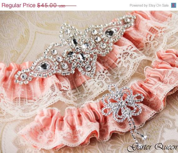 Wedding - SALE Peach Bridal Garter Set, Weding Garter Set, Custom Color Bridal garter, Lace Wedding Garter
