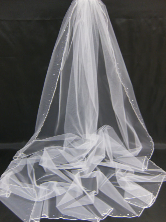 Wedding - CHRISTINE a Swarovski Crystal Rhinestone Silk Pencil Edge Trim 72 Inch Long Floor Length Veil